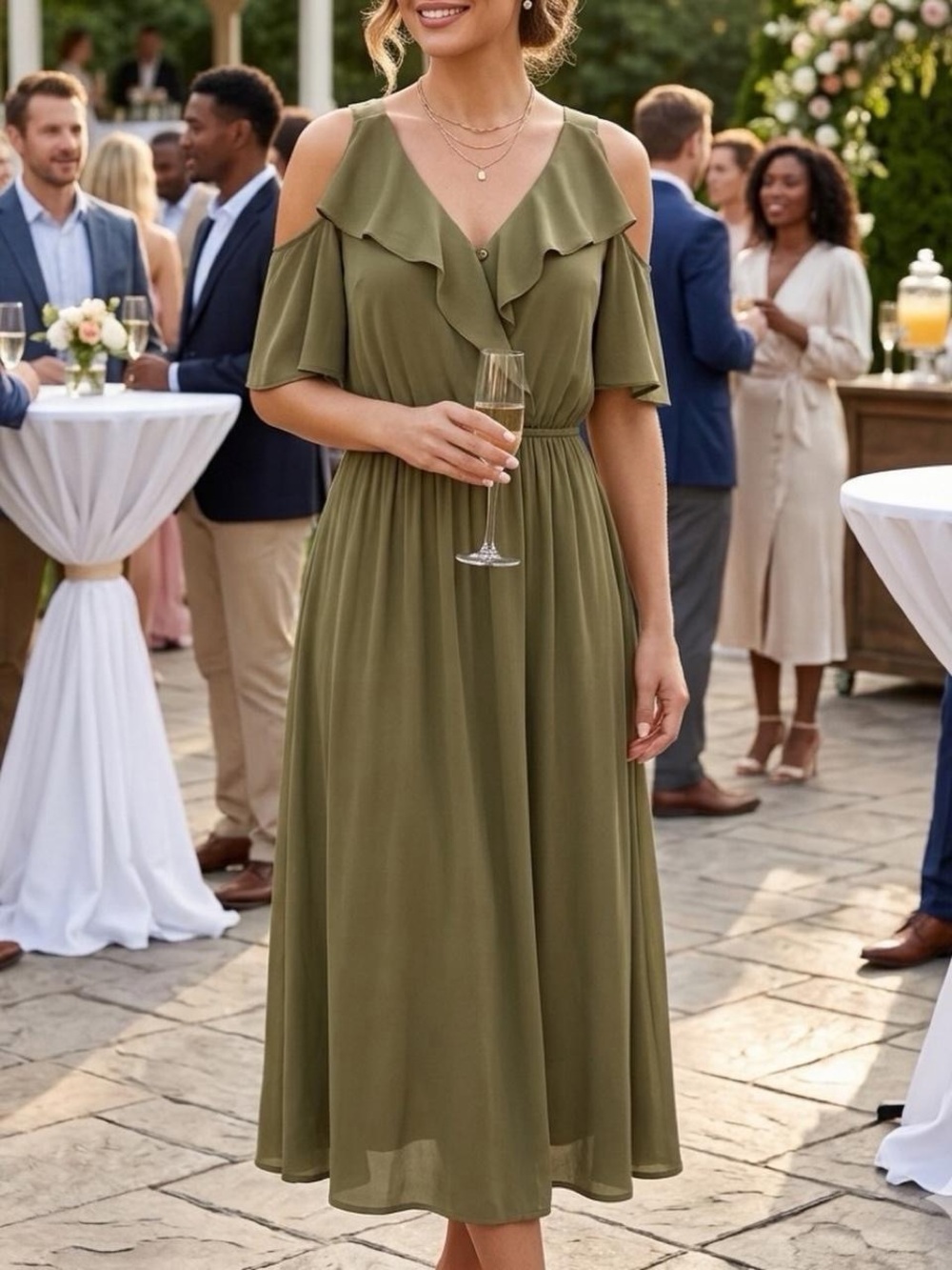 Cold-Shoulder Ruffle Olive Maxi Dress